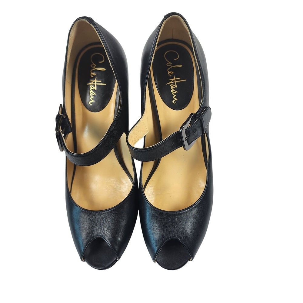 Cole Haan Leather Peep Toe Mary Jane Wedge Heels Womens 8 Black Office Business - Picture 2 of 10